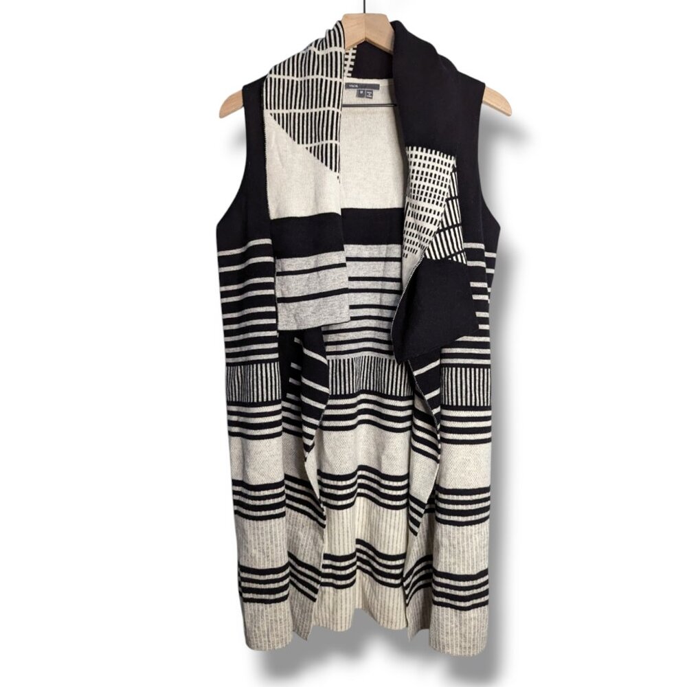 Cashmere VINCE Womens Wool Open Front Vest Black Cream Drape Cardigan Medium